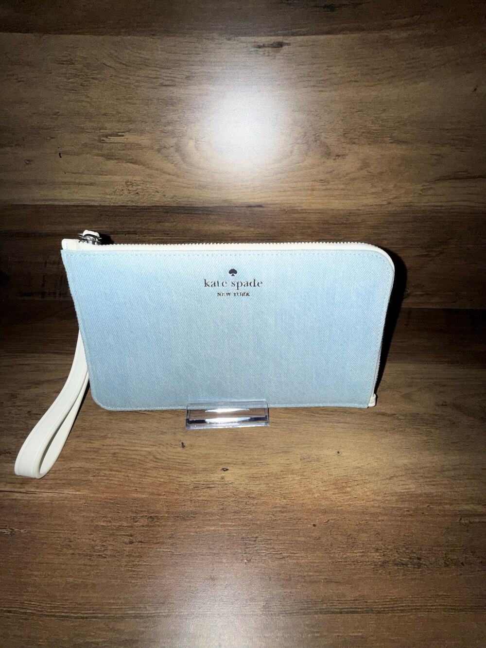 NWT Kate Spade Lucy Medium L-Zip Denim Wristlet Blue Multi Pouch KO111